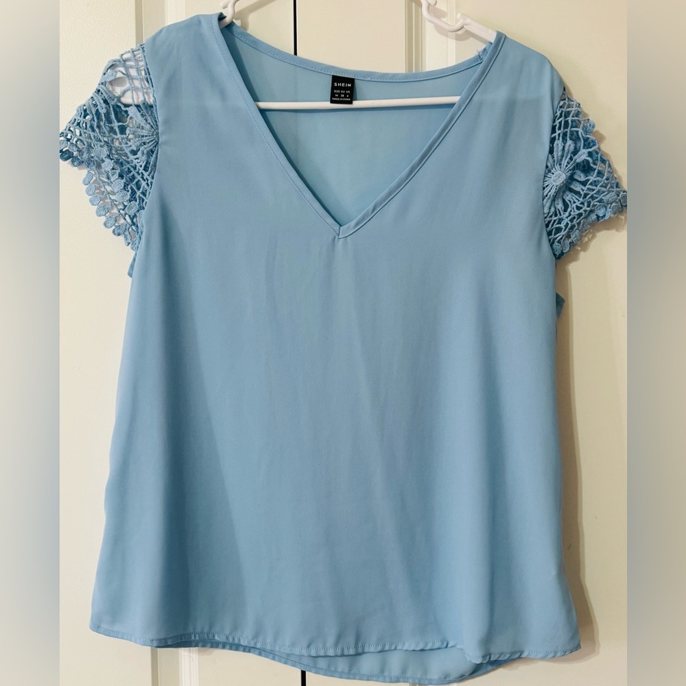 Blue Lace Sleeve Women's Top